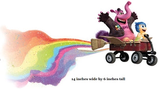 Cartoon characters in a red wagon with a rainbow trail, dimensions 14 inches wide by 6 inches tall.