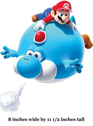 Cartoon character on a blue object with text indicating dimensions