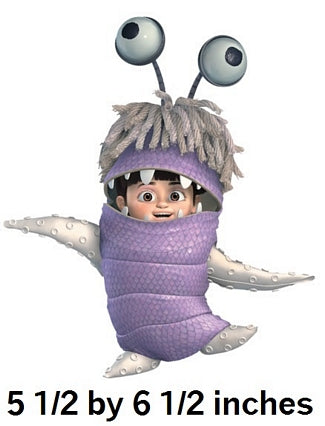 Cartoon character in a purple costume with large eyes and antennae on a white background.