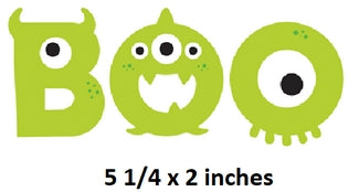 Green monster-themed letters spelling 'BOO' with dimensions 5 1/4 x 2 inches.