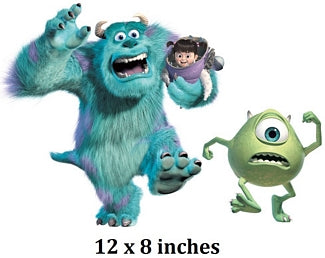 Three animated characters from 'Monsters, Inc.' with text indicating size.