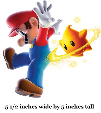 Cartoon character in red cap and blue overalls with a yellow star-like object