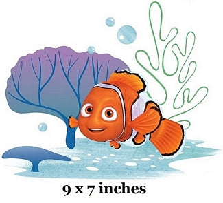 Cartoon fish character with coral and bubbles, labeled '9 x 7 inches'.
