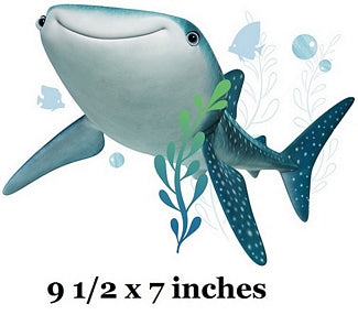 Cartoon whale shark with underwater elements and size indication on a white background