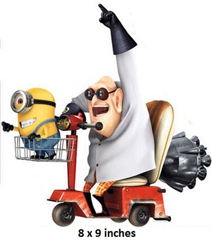 Animated character riding a scooter with a minion, size 8x9 inches