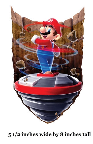 Toy figure of a character in a red hat and blue overalls with text indicating dimensions.
