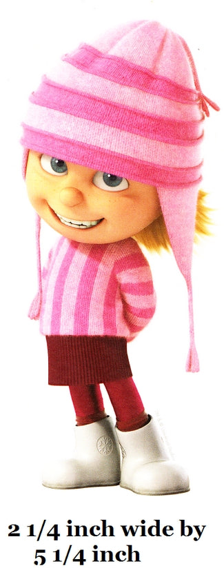 Cartoon character wearing a pink hat and outfit with text indicating size.