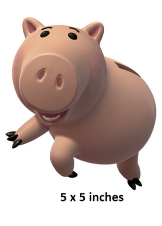 Cartoon piggy bank with a size label '5 x 5 inches' on a white background