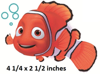 Cartoon clownfish character with text indicating size