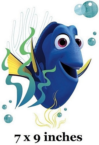 Cartoon blue fish character with bubbles and seaweed, labeled '7 x 9 inches'.