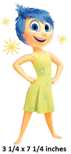 Animated character with blue hair and a yellow dress on a white background