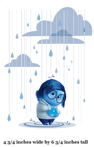 Blue character with a sweater standing in a puddle under a cloud with raindrops.