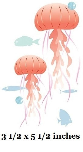 Illustration of two pink jellyfish with small fish around them, labeled '3 1/2 x 5 1/2 inches'.