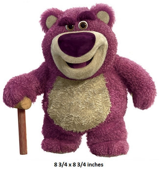 Purple teddy bear with a wooden cane on a white background