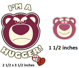Two cartoon bear stickers with text and measurements on a white background