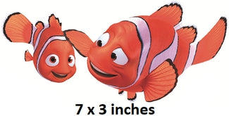 Two cartoon clownfish with a label indicating size 7 x 3 inches.