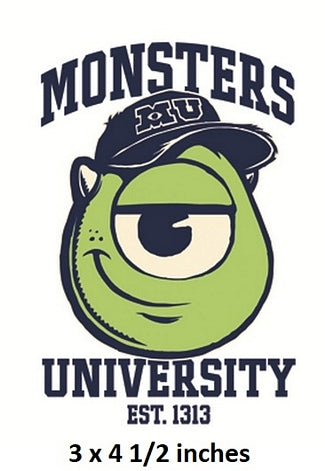 Illustration of a green character wearing a cap with 'MONSTERS UNIVERSITY' text on a white background.