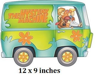 Cartoon van with 'The Mystery Machine' and characters on a white background