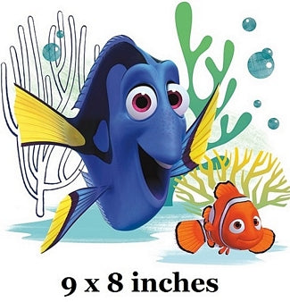 Cartoon fish characters from 'Finding Dory' with coral and seaweed in the background, labeled '9 x 8 inches'.