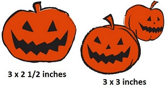 Three jack-o'-lantern illustrations with dimensions indicated.