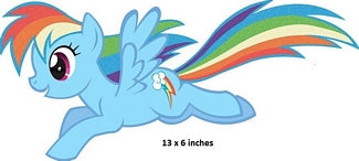 Cartoon pony with rainbow hair and tail on a white background
