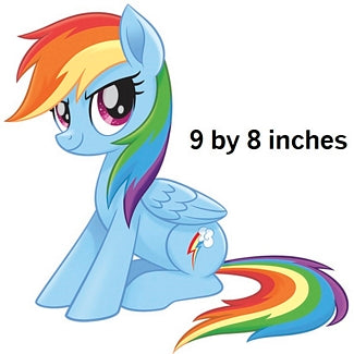 Cartoon pony with rainbow hair and tail, standing on a white background with text '9 by 8 inches'.