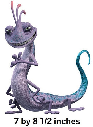Animated character with purple body and blue tail on a white background