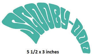 Teal Scooby-Doo logo with size information on a white background