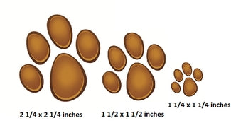 Illustration of various dog paw prints with dimensions below each.