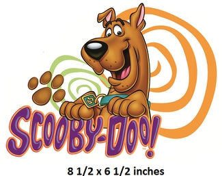 Cartoon dog character with 'Scooby-Doo!' text and dimensions displayed