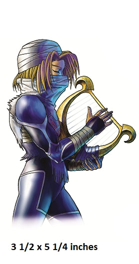 Animated character in purple armor holding a bow with dimensions displayed