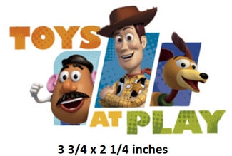 Cartoon characters from 'Toy Story' with text 'Toys at Play' and dimensions.