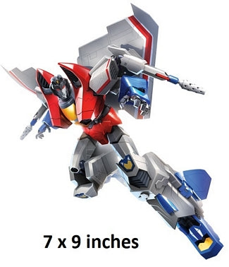 robot figure with red, gray, and blue colors on a white background
