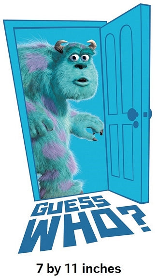 Cartoon character peeking out from a blue door with 'Guess Who?' text and size information.