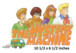Cartoon characters with 'The Mystery Machine' text and van illustration on a white background