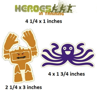 superhero-themed stickers with dimensions displayed above each, on a white background.