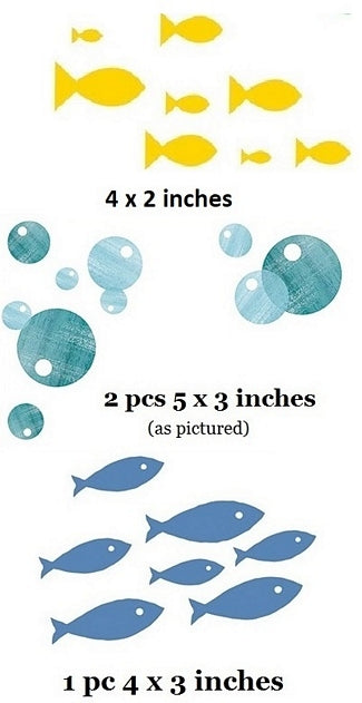 Illustrations of yellow fish and blue bubbles with dimensions indicated.