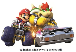 Cartoon character in a racing kart with a large yellow creature, on a white background.