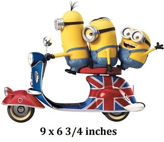 Three animated characters on a scooter with a Union Jack design, labeled '9 x 6 3/4 inches'.