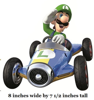 Cartoon character in a racing car with dimensions displayed