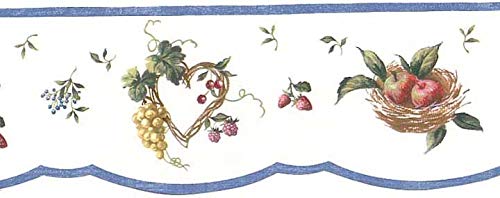 Waverly Wall Border 5505673 Scalloped Fruit Toss Kitchen Wallpaper Grapes Apples Strawberries Blueberries Hearts Baskets Blue on White Country KitchenHome Decor