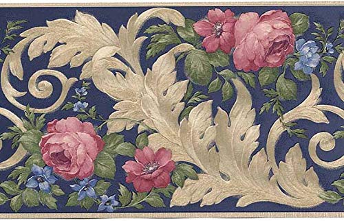 Village Wall Border 5812525 Traditional Silk and Satin Blue Floral Wallpaper Roses Flowers Acanthus Leaves Leaf Motif Deep Jewel Tones Home Decor