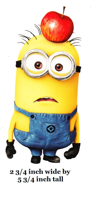Yellow minion character with an apple on its head against a white background