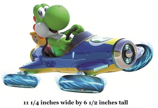 Toy figure of a green character in a blue racing car with text indicating size.