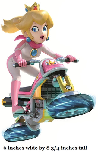 Toy figure of a character on a hoverboard with size specifications.