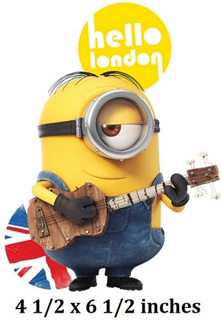 Minion character holding a ukulele with 'hello london' text above, on a white background.
