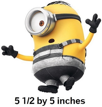 Yellow character with goggles and overalls on a white background, labeled '5 1/2 by 5 inches'.