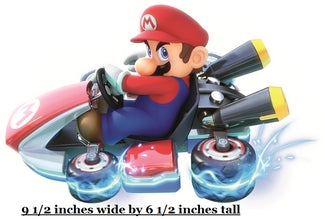 Toy figure of a character in a racing kart with text indicating dimensions