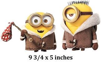Two animated characters in winter clothing with text indicating size.