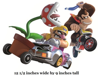 Toy figures of a character in a kart and another on a motorcycle with text indicating size.